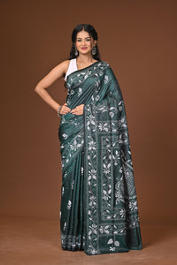 Blended Silk Kantha Stitch Saree Green