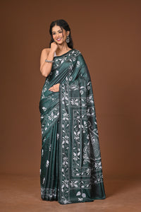 Blended Silk Kantha Stitch Saree Green
