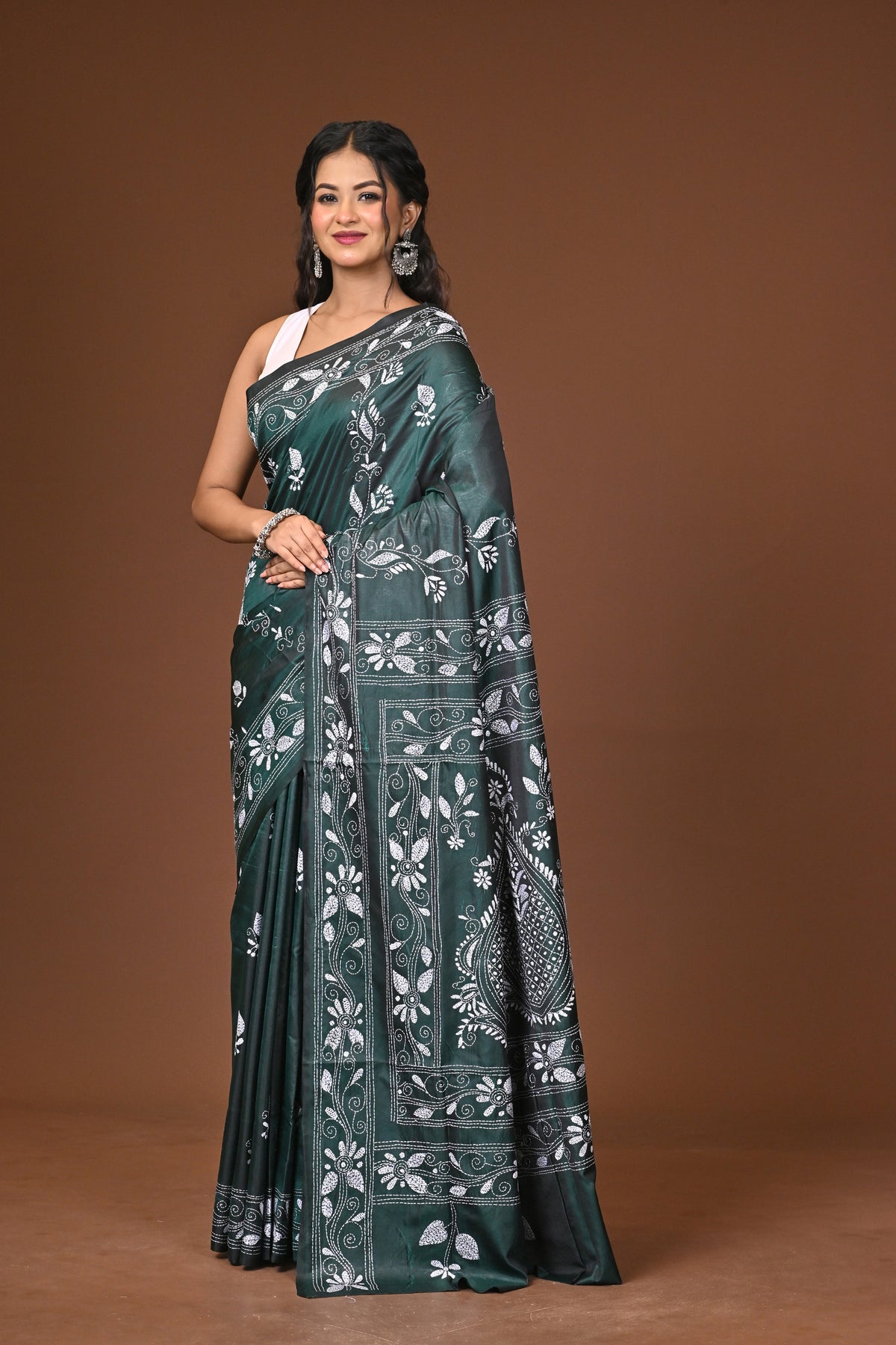 Blended Silk Kantha Stitch Saree Green