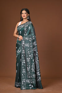 Blended Silk Kantha Stitch Saree Green