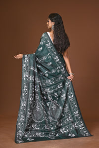Blended Silk Kantha Stitch Saree Green