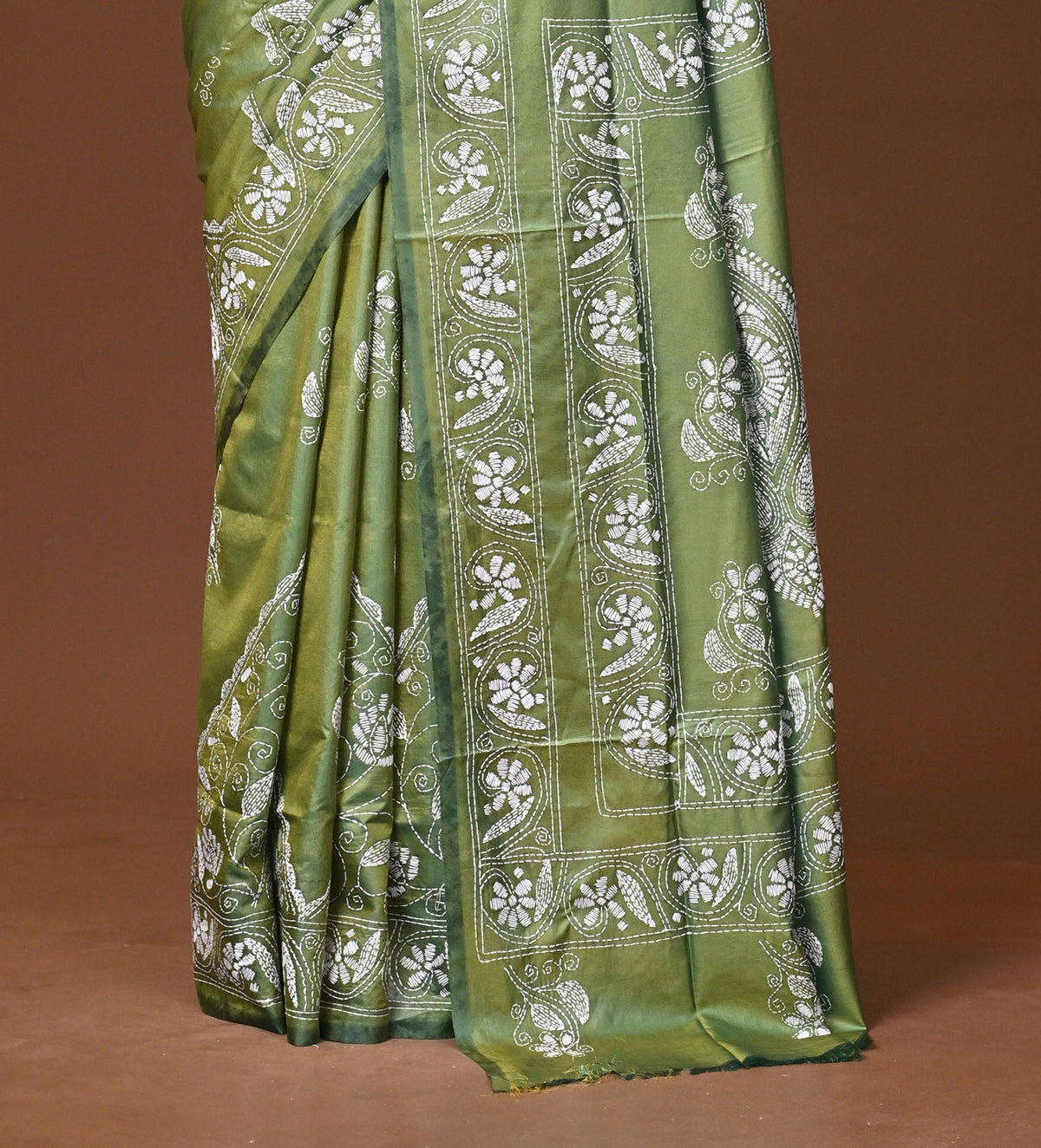 Blended Silk Kantha Stitch Saree Green