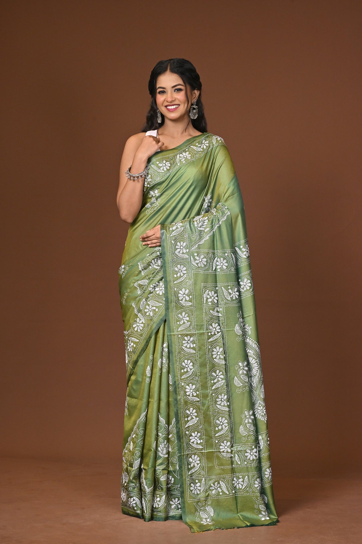 Blended Silk Kantha Stitch Saree Green