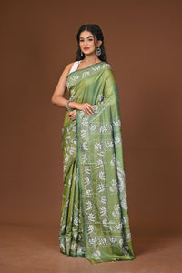 Blended Silk Kantha Stitch Saree Green