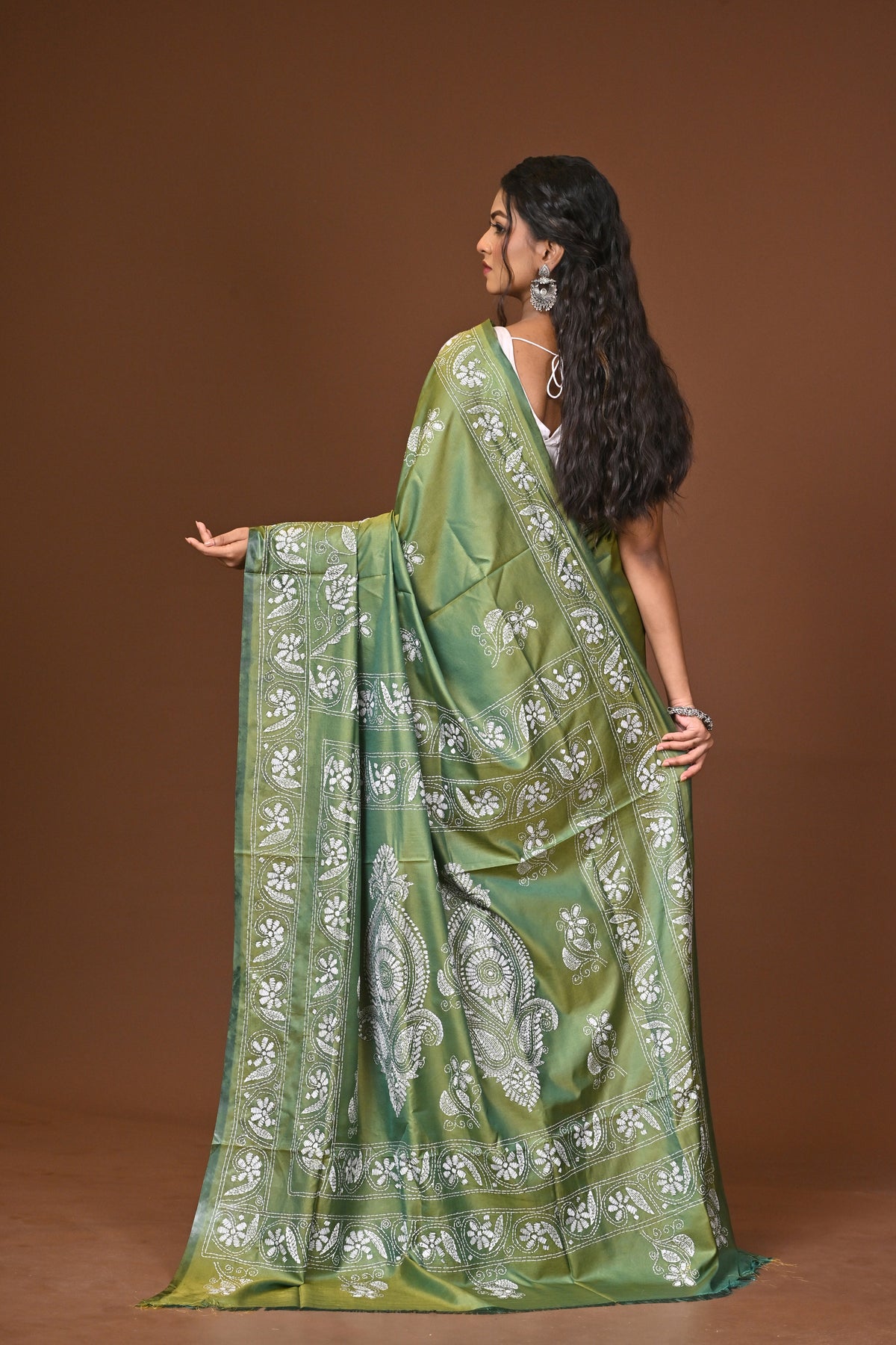 Blended Silk Kantha Stitch Saree Green