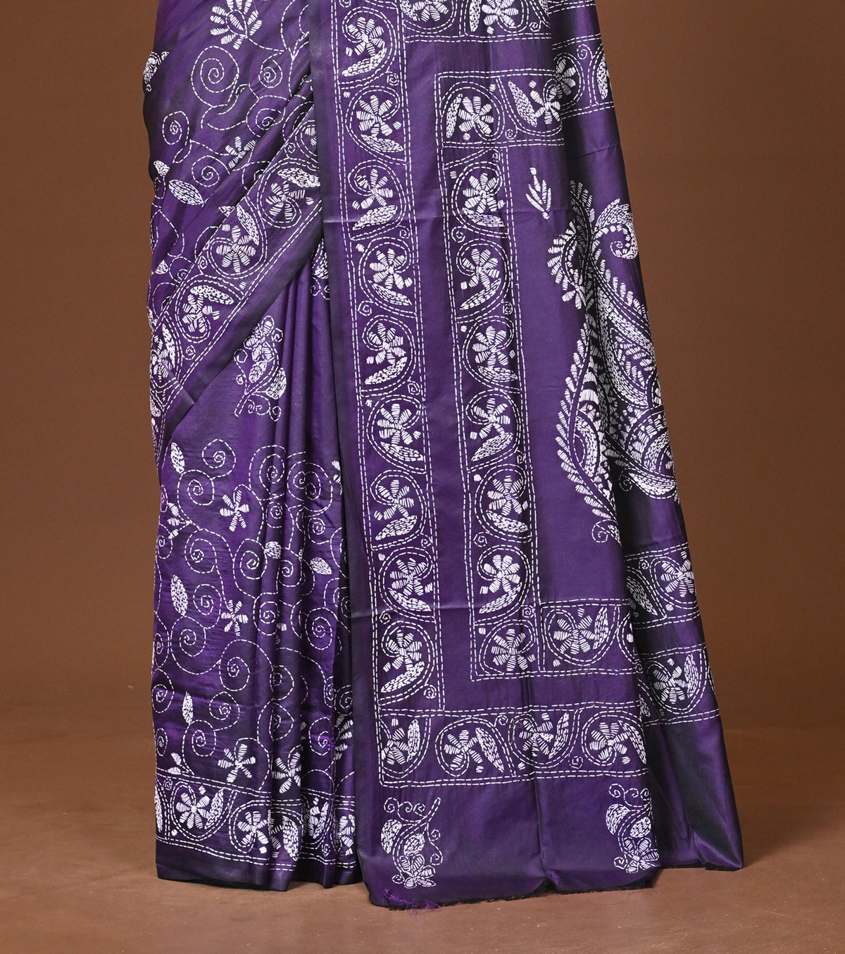 Blended Silk Kantha Stitch Saree Purple