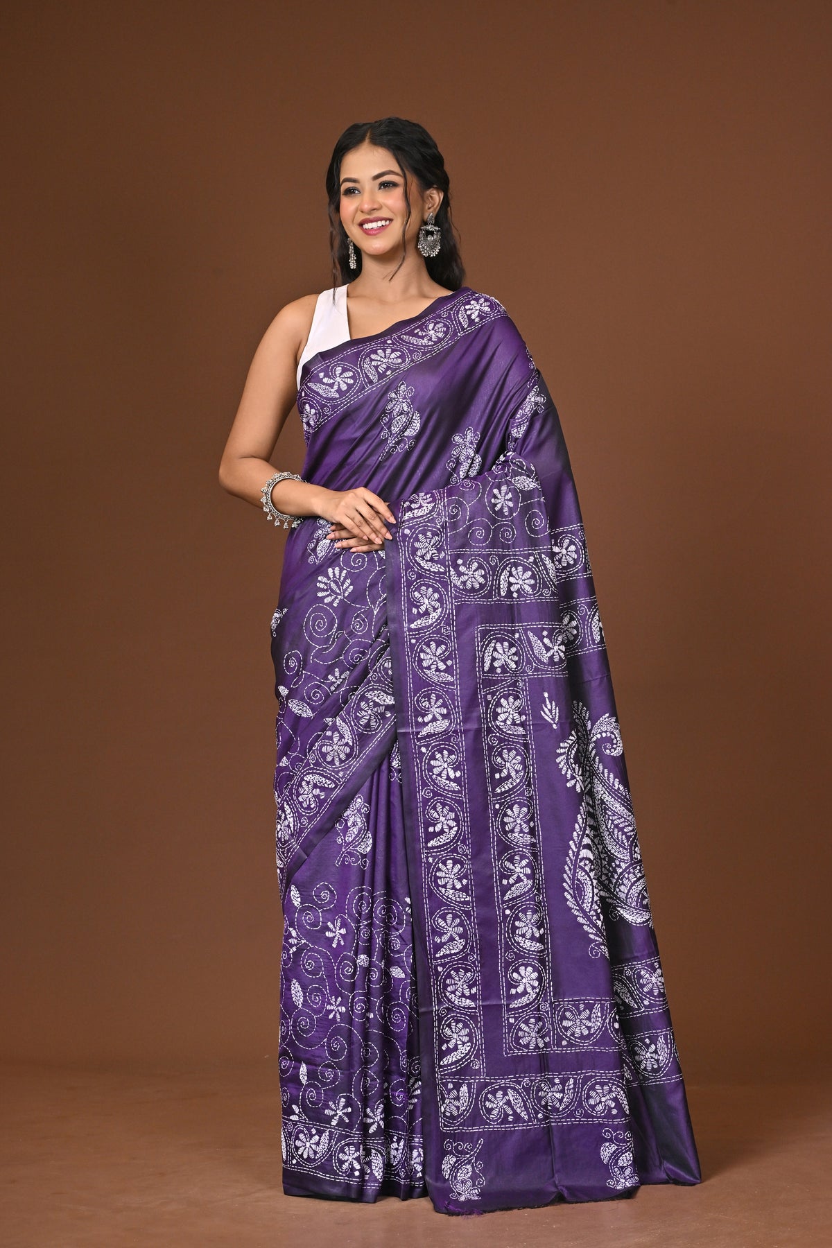 Blended Silk Kantha Stitch Saree Purple