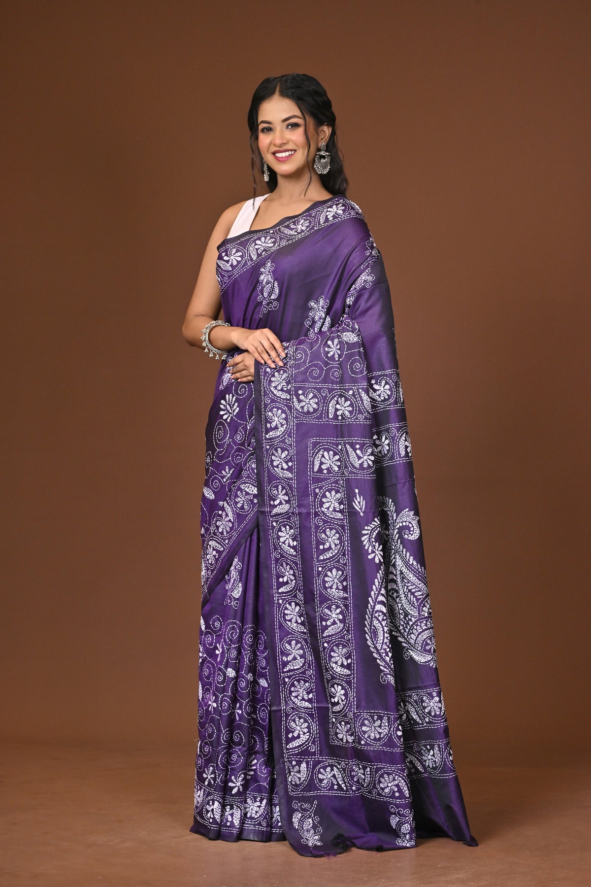 Blended Silk Kantha Stitch Saree Purple