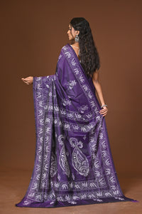Blended Silk Kantha Stitch Saree Purple