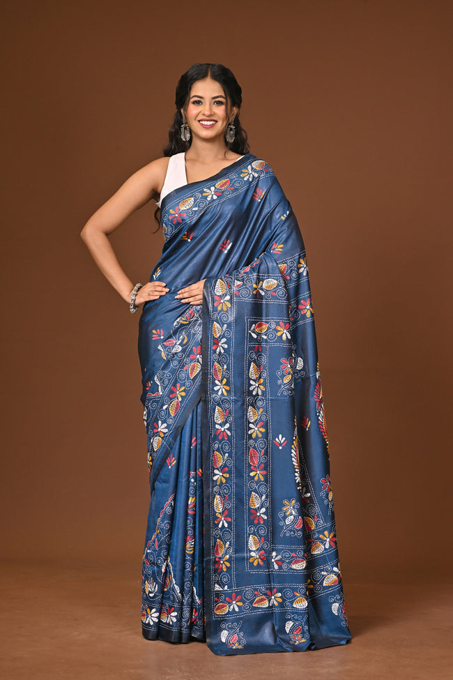 Blended Silk Kantha Stitch Saree