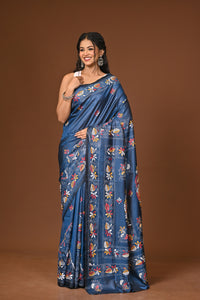 Blended Silk Kantha Stitch Saree Blue