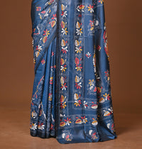 Blended Silk Kantha Stitch Saree Blue