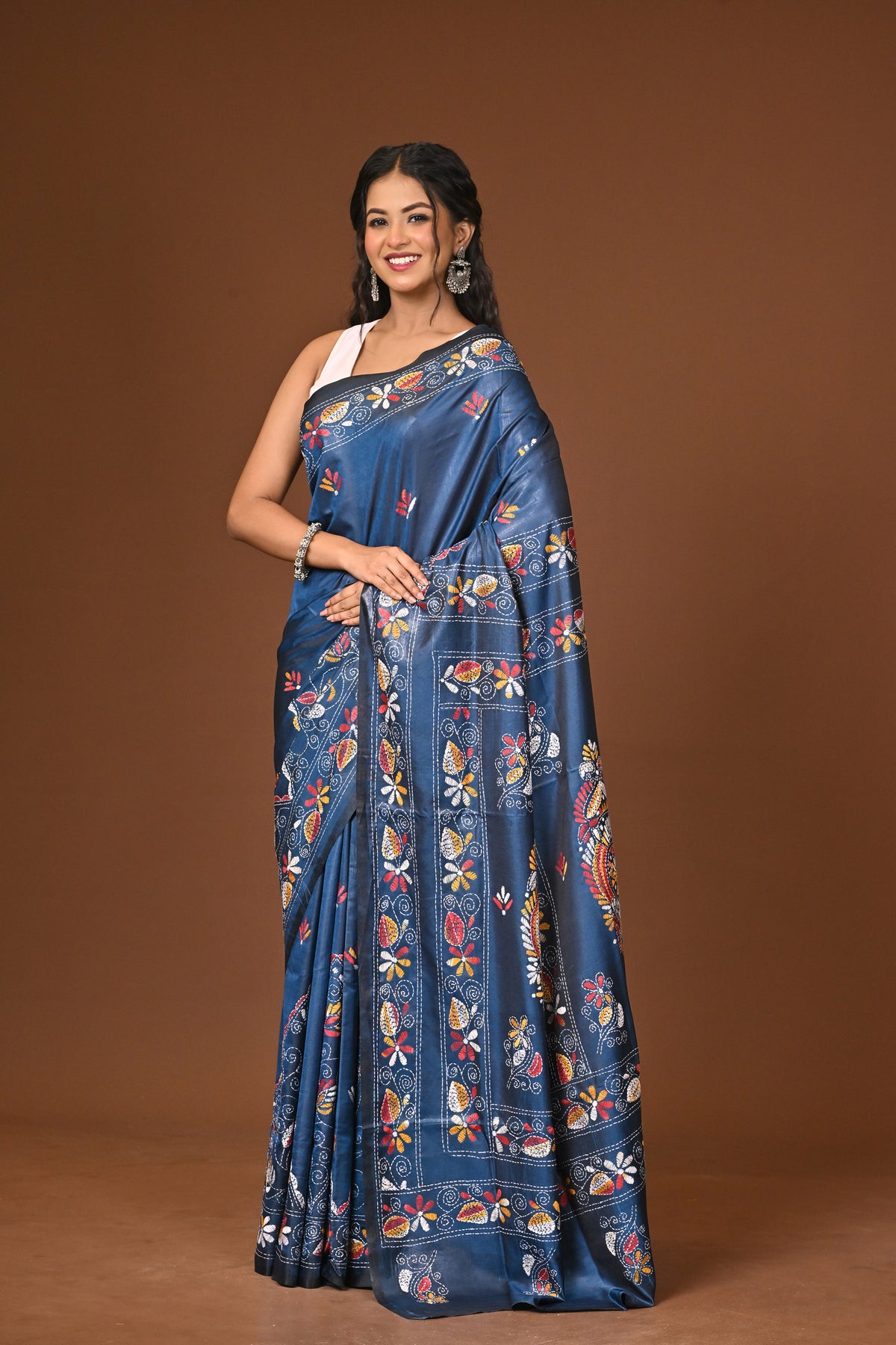 Blended Silk Kantha Stitch Saree Blue