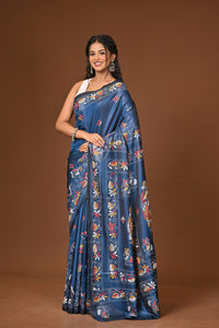 Blended Silk Kantha Stitch Saree Blue