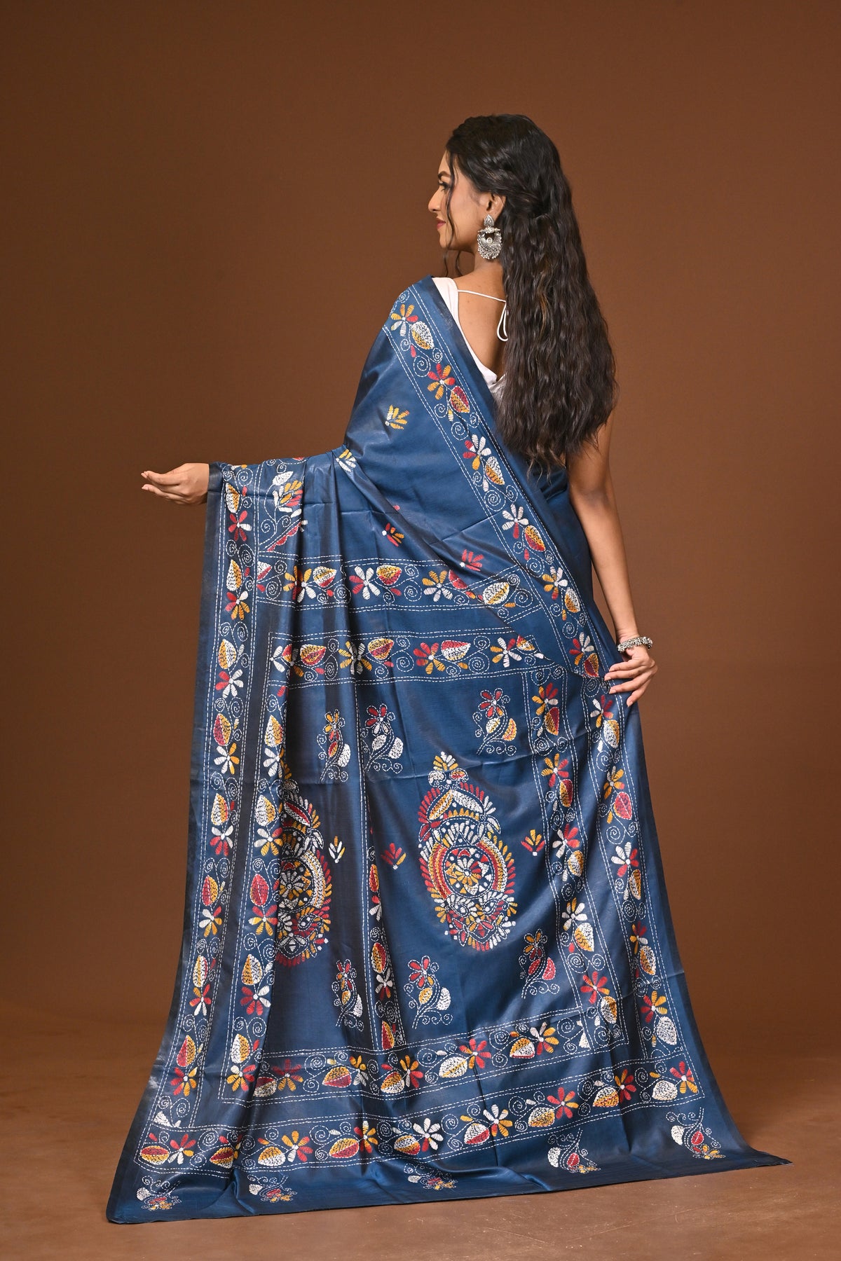 Blended Silk Kantha Stitch Saree Blue