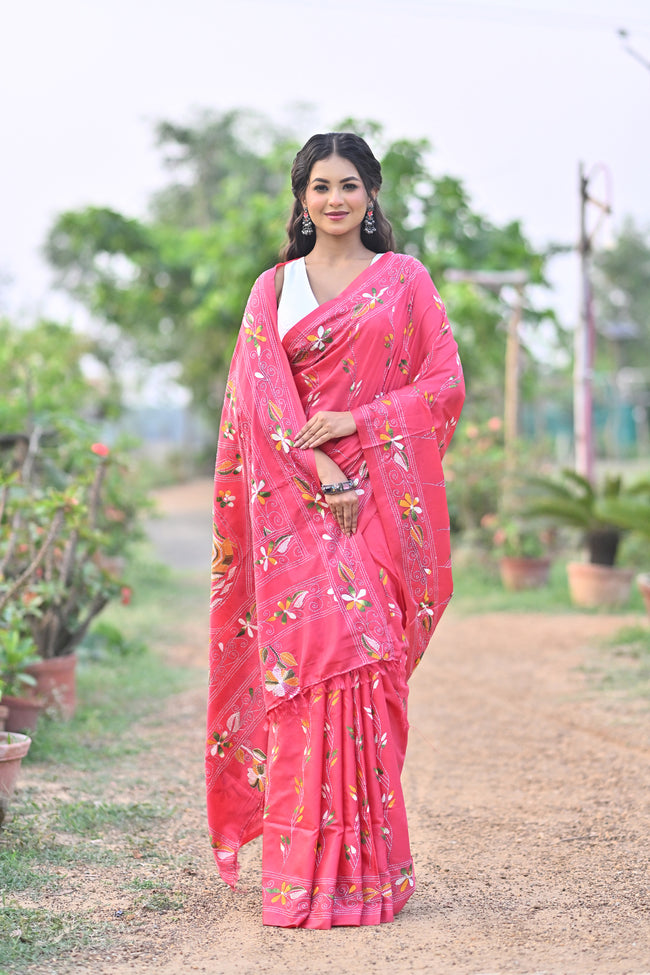 Blended Silk Kantha Stitch Saree