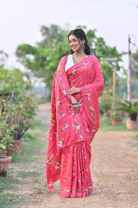 Blended Silk Kantha Stitch Saree Pink