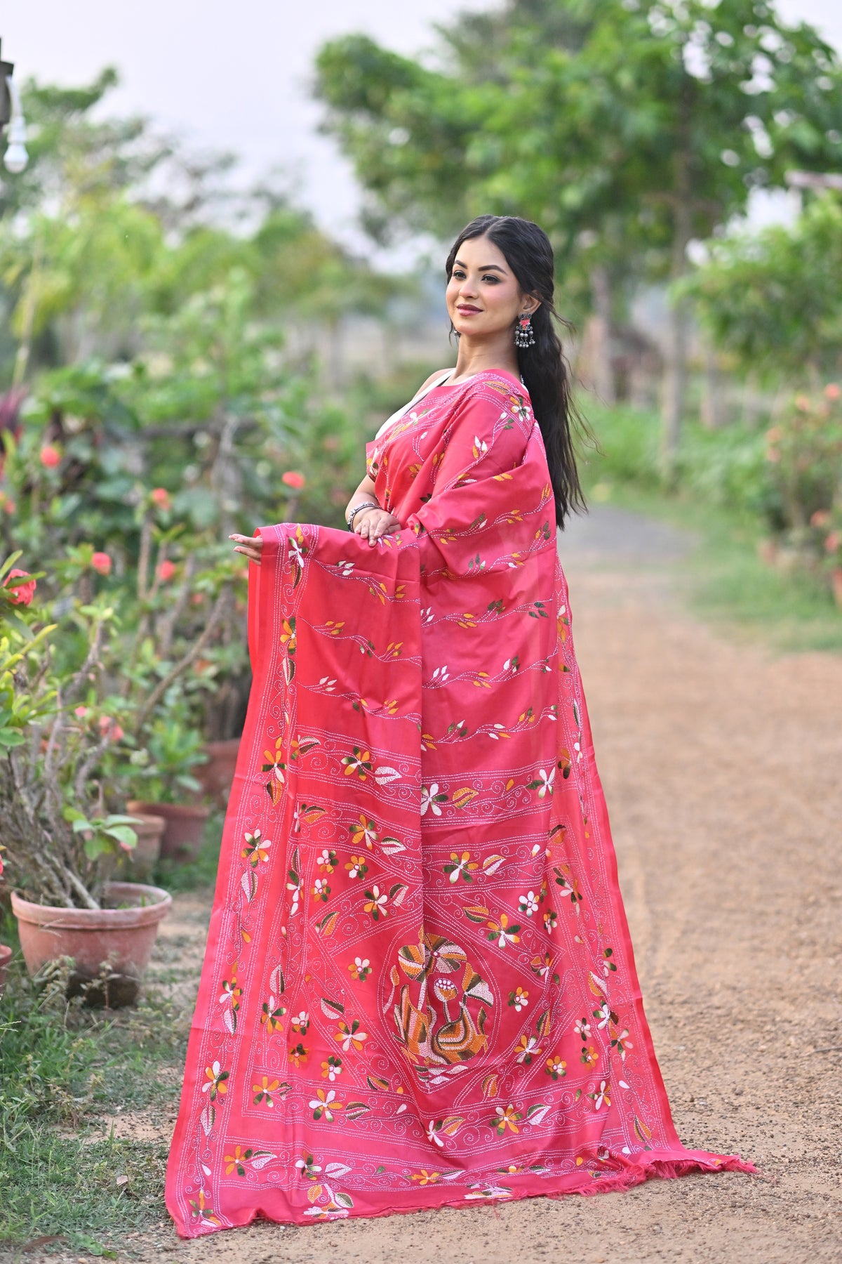 Blended Silk Kantha Stitch Saree Pink