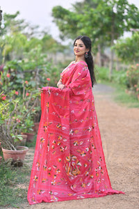 Blended Silk Kantha Stitch Saree Pink