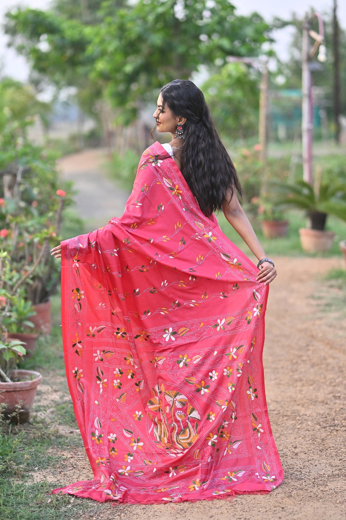 Blended Silk Kantha Stitch Saree Pink