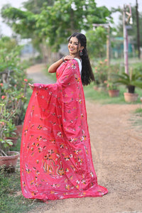 Blended Silk Kantha Stitch Saree Pink