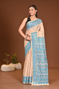Pure Tussar Silk Kantha Stitch Saree Beige