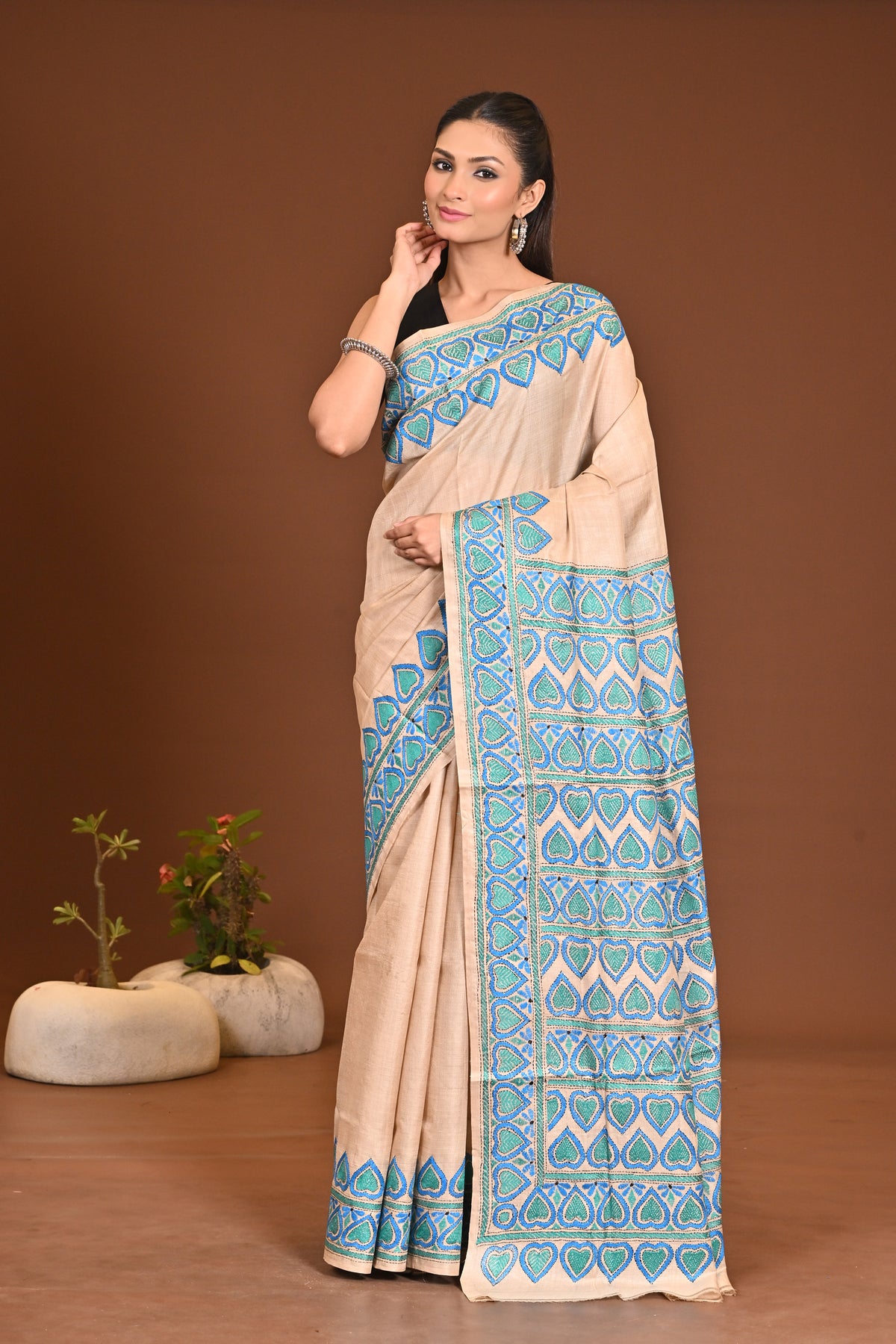 Pure Tussar Silk Kantha Stitch Saree Beige