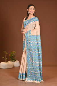 Pure Tussar Silk Kantha Stitch Saree Beige