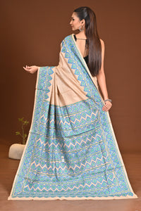Pure Tussar Silk Kantha Stitch Saree Beige