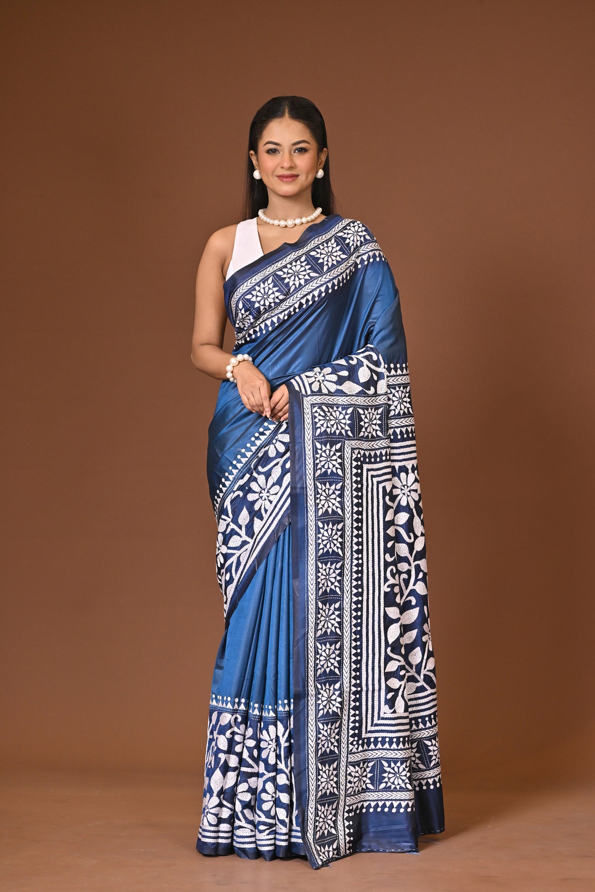 Blended Silk Kantha Stitch Saree Navy Blue
