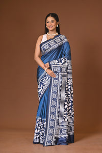 Blended Silk Kantha Stitch Saree Navy Blue