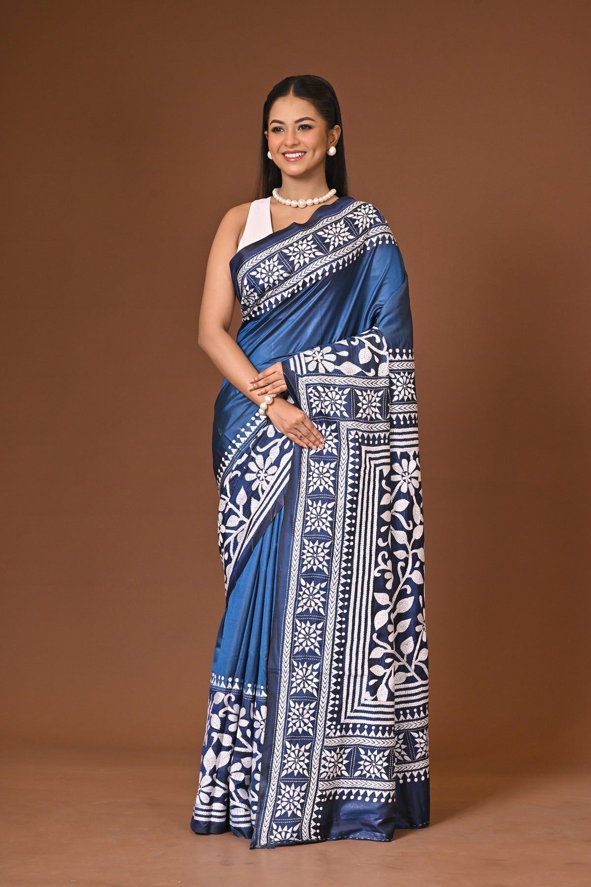 Blended Silk Kantha Stitch Saree Navy Blue