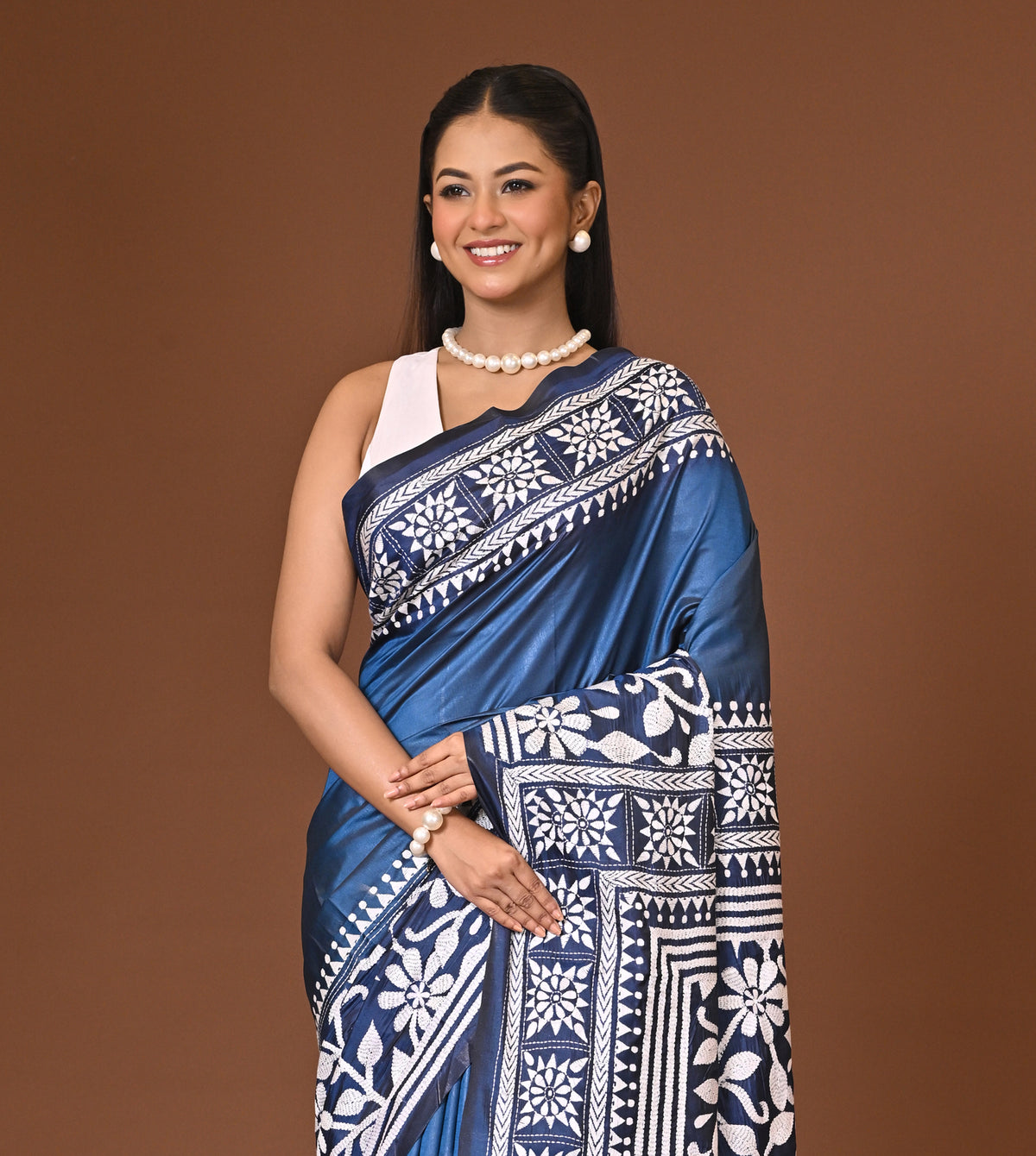 Blended Silk Kantha Stitch Saree Navy Blue