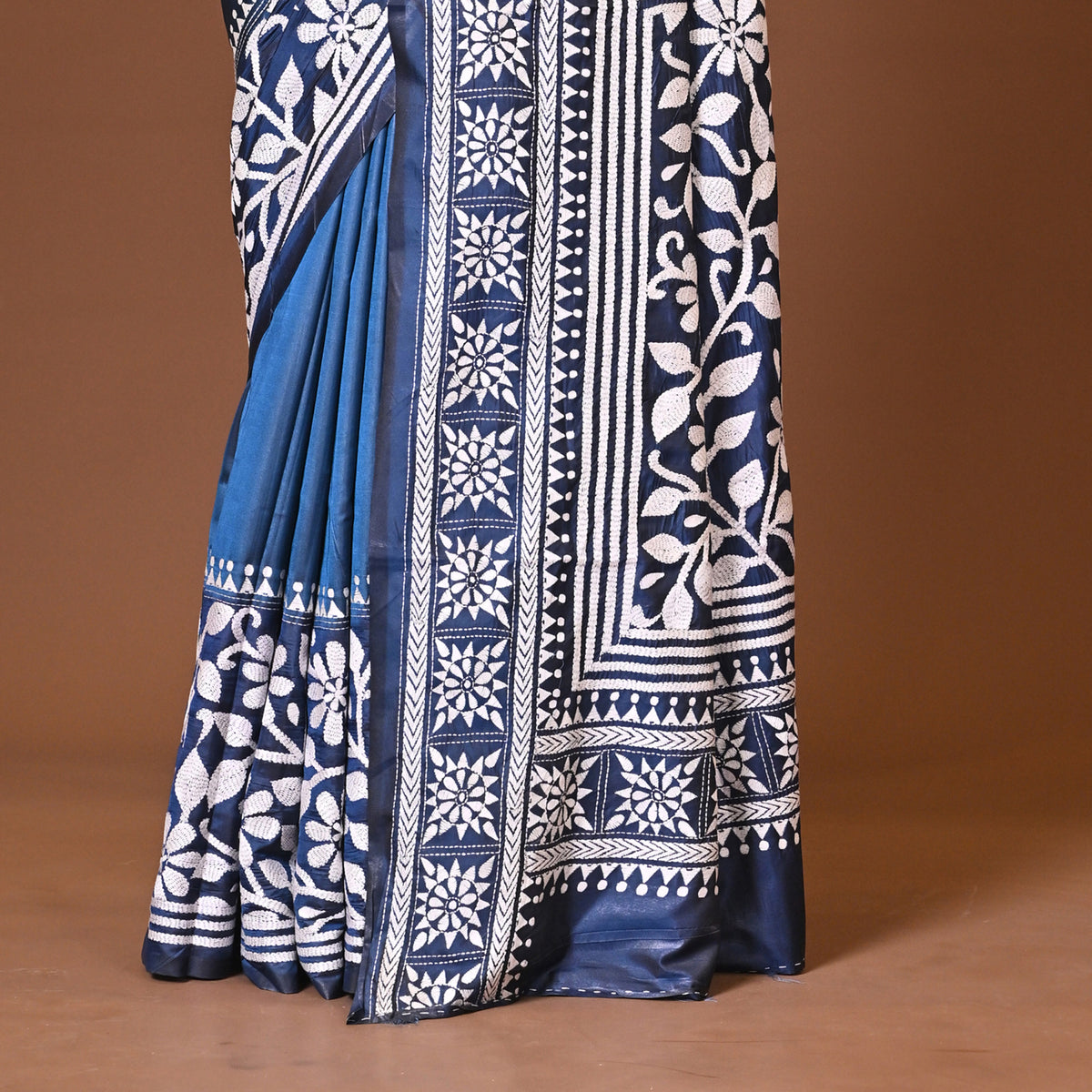 Blended Silk Kantha Stitch Saree Navy Blue