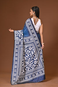Blended Silk Kantha Stitch Saree Navy Blue