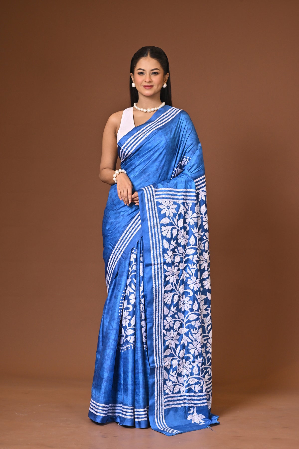 Blended Silk Kantha Stitch Saree Blue