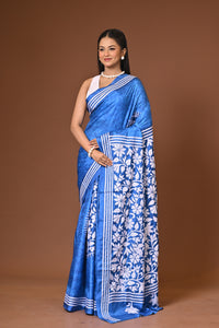 Blended Silk Kantha Stitch Saree Blue