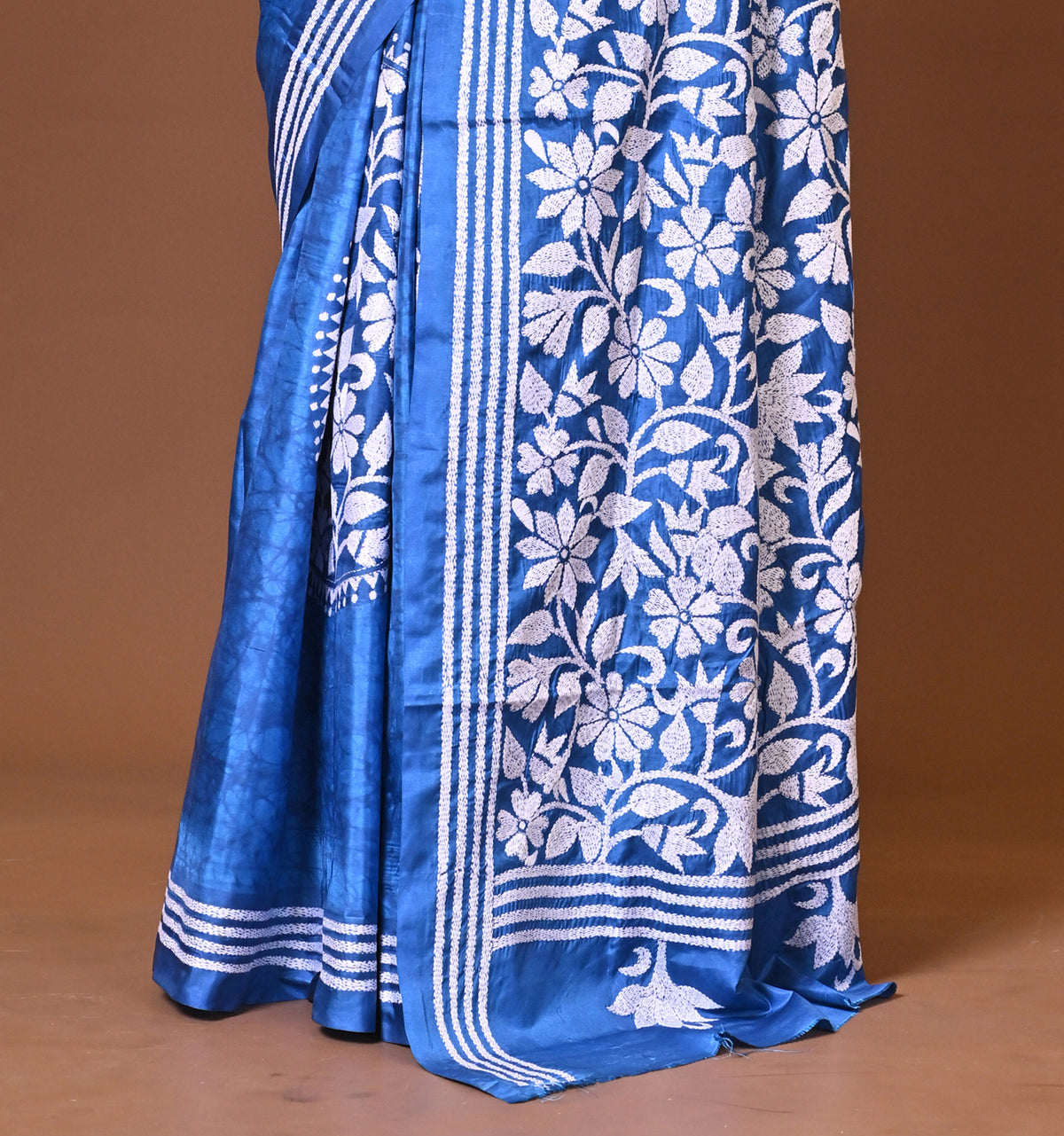 Blended Silk Kantha Stitch Saree Blue