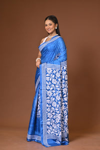 Blended Silk Kantha Stitch Saree Blue
