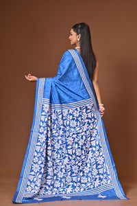 Blended Silk Kantha Stitch Saree Blue