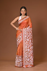 Blended Silk Kantha Stitch Saree Rust