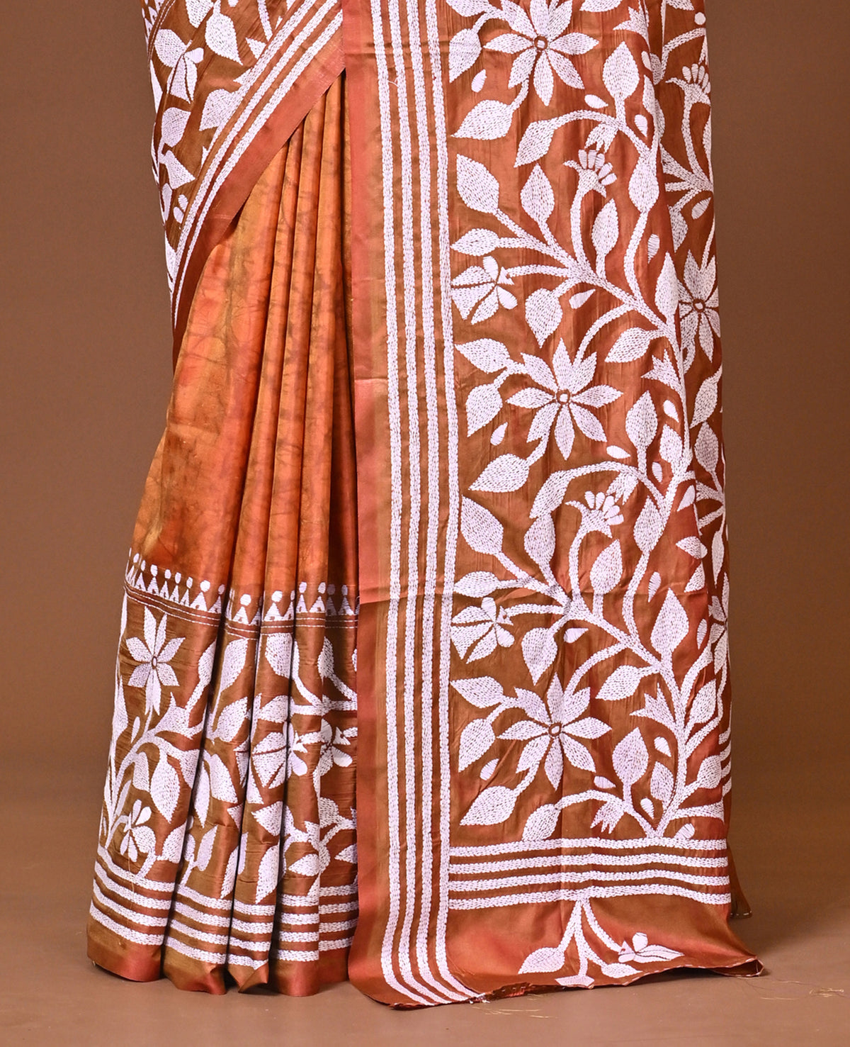 Blended Silk Kantha Stitch Saree Rust