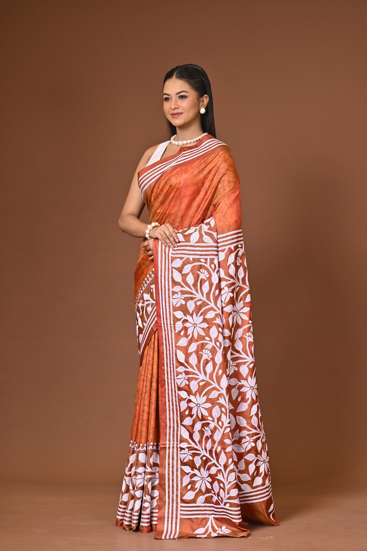 Blended Silk Kantha Stitch Saree Rust