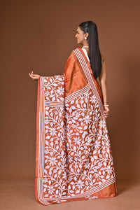 Blended Silk Kantha Stitch Saree Rust