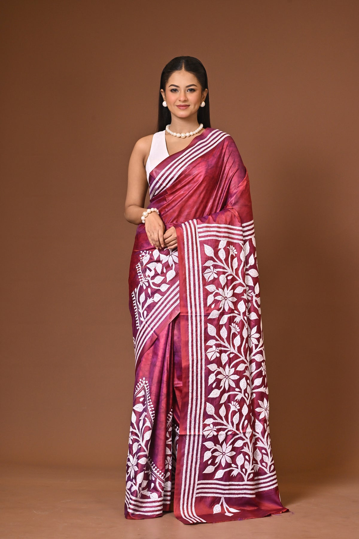 Blended Silk Kantha Stitch Saree Maroon