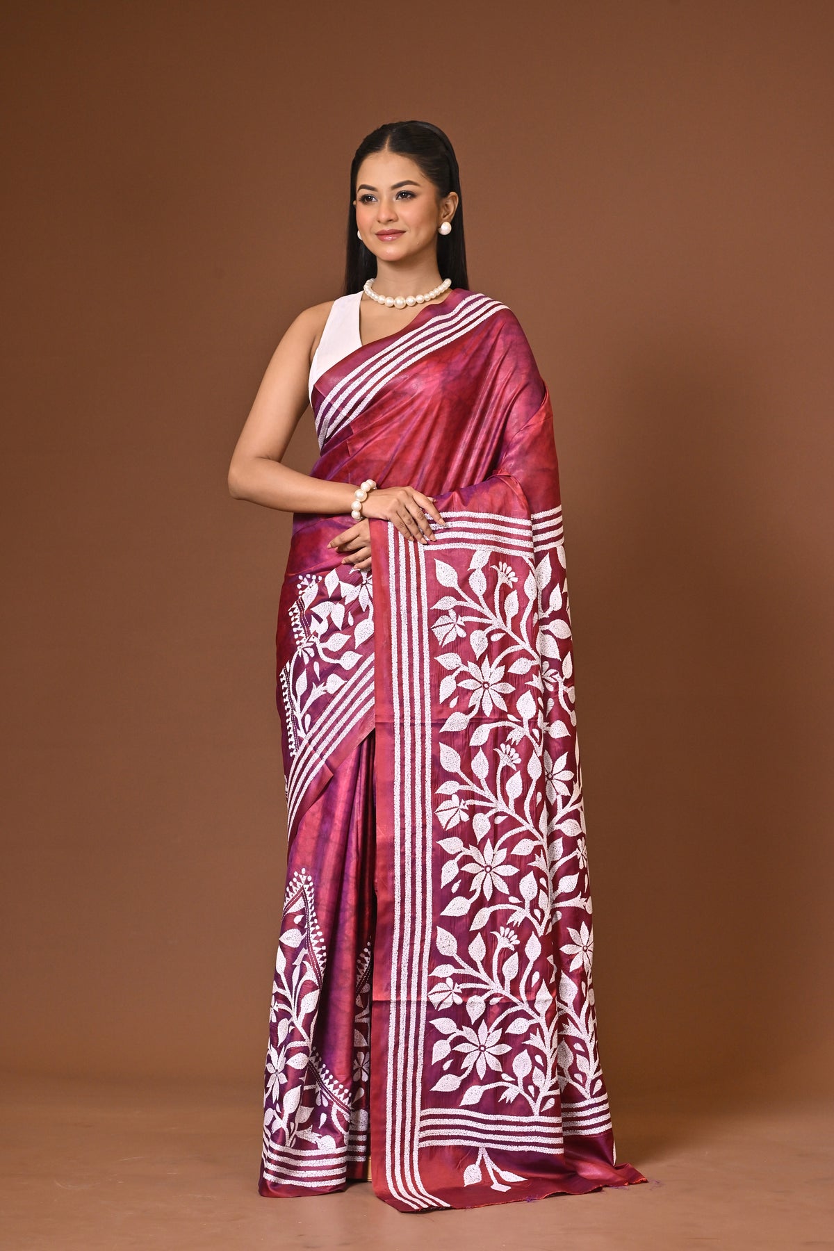 Blended Silk Kantha Stitch Saree Maroon
