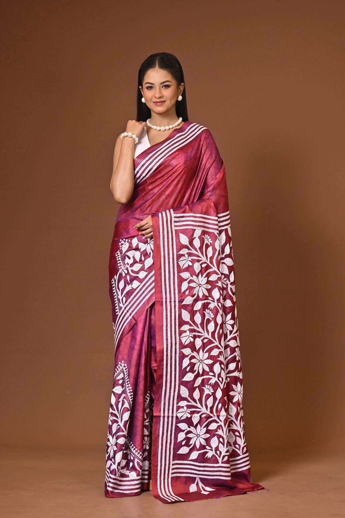 Blended Silk Kantha Stitch Saree Maroon