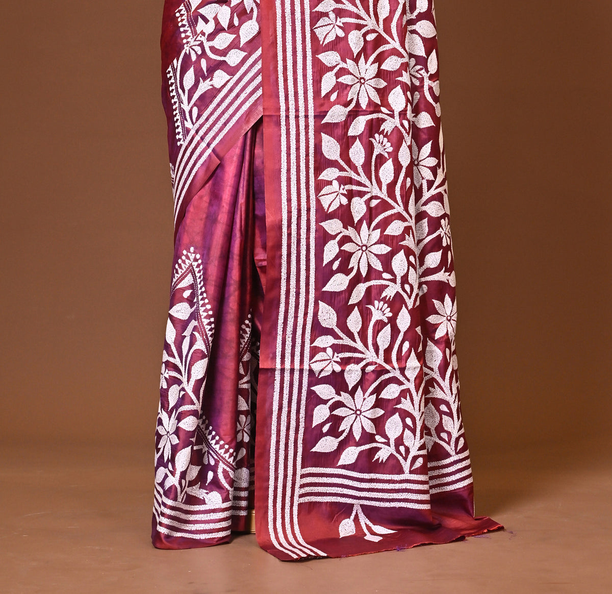 Blended Silk Kantha Stitch Saree Maroon