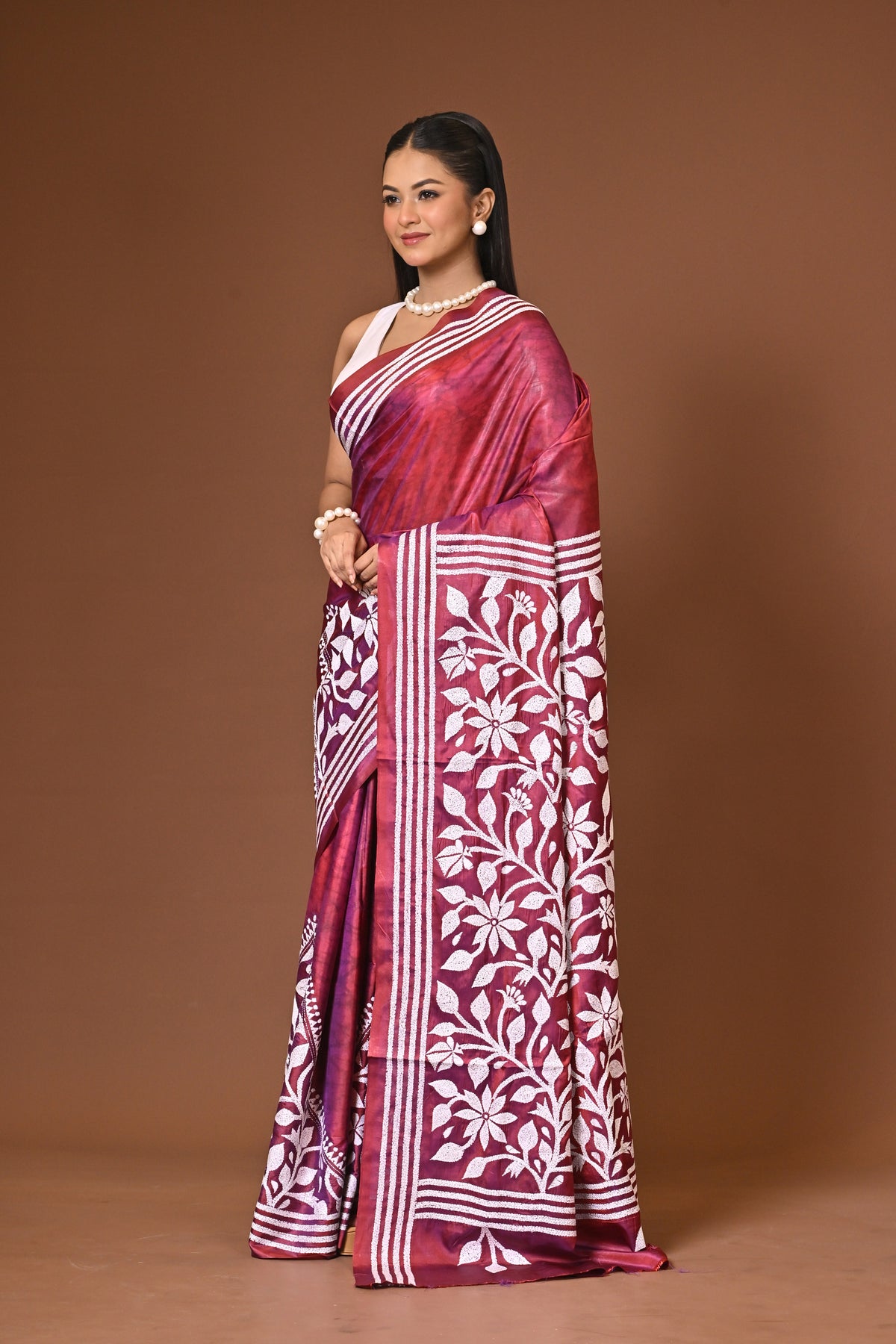 Blended Silk Kantha Stitch Saree Maroon