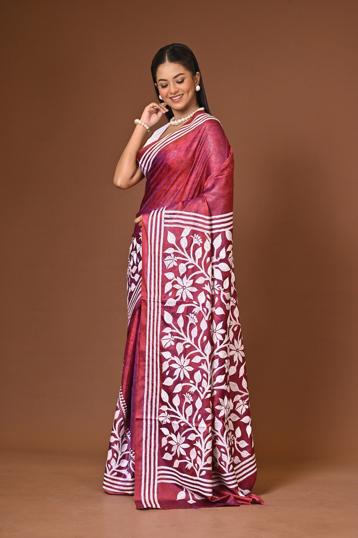 Blended Silk Kantha Stitch Saree Maroon
